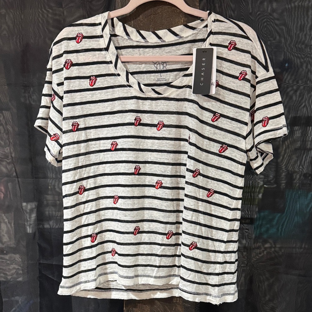 Chaser Women's Black and White Striped Tee with Red Accents